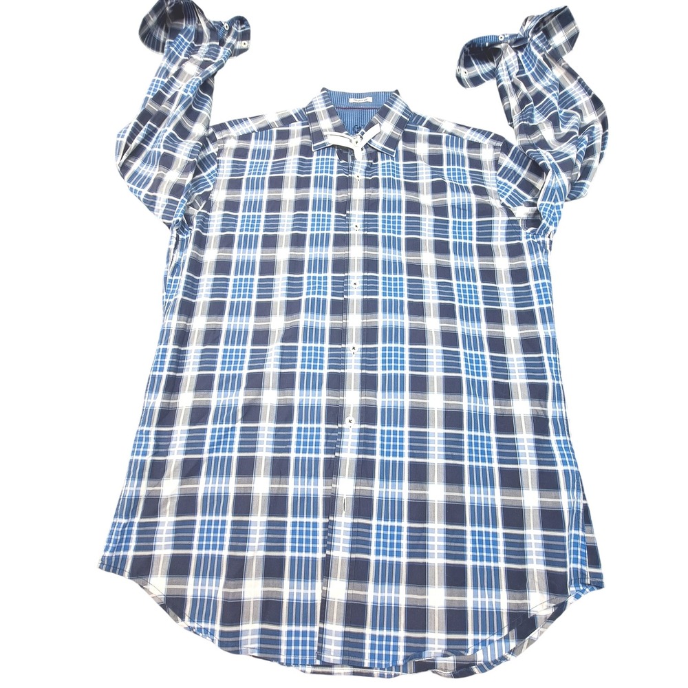 Bugatchi Uomo Mens Blue White Plaid Shaped Fit Cotton Button Down Shirt L